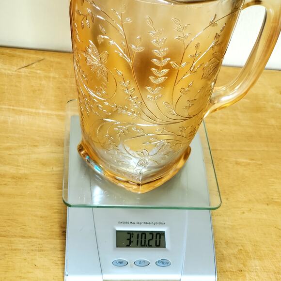 Vintage Jeanette Carnival Glass Pitcher Floragold Louisa 8.5" Iridescent - Picture 11 of 11